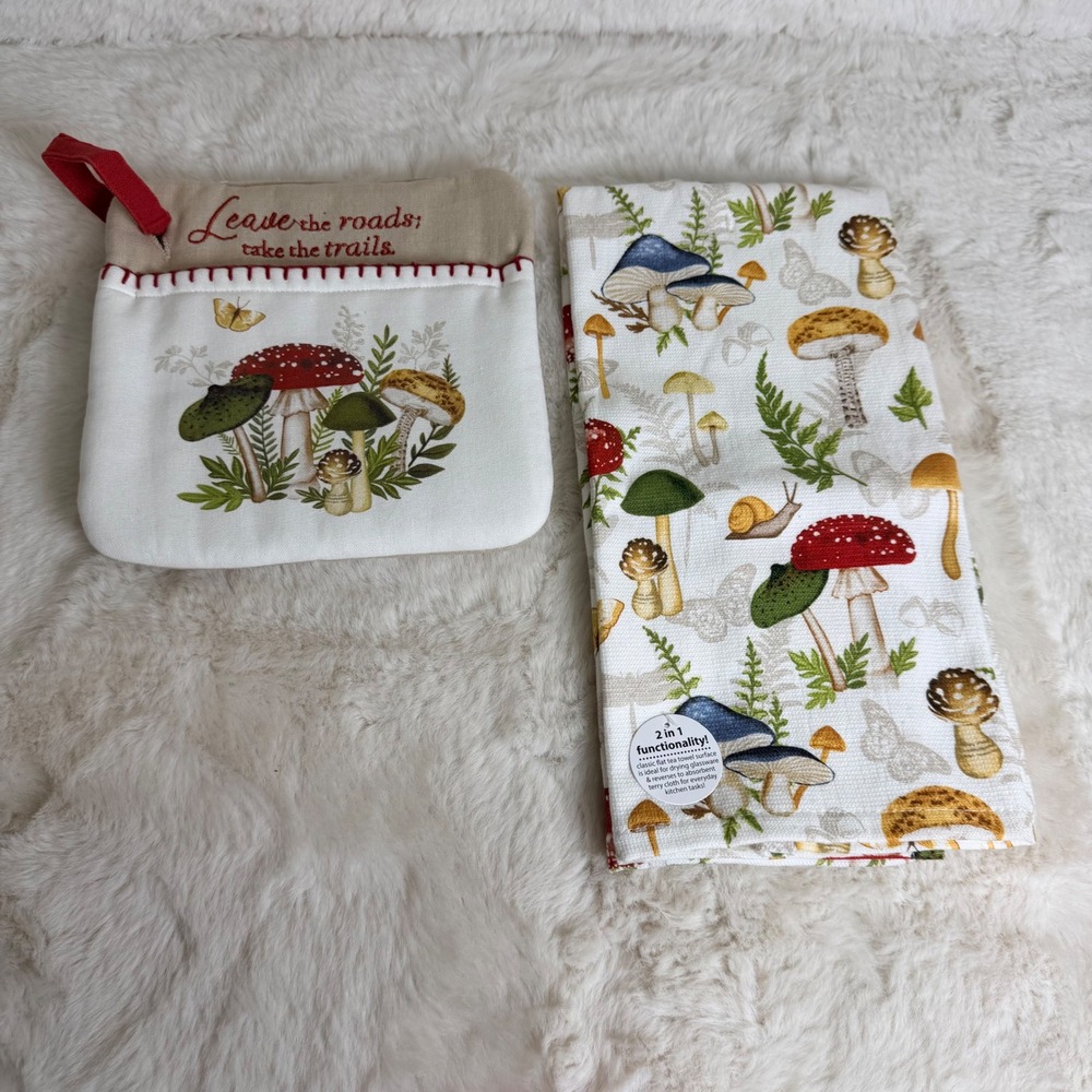 Mushroom Kitchen Set Tea Towel & Potholder Leave the Roads Take the Trails NWT